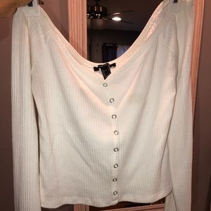 White off the should button down top